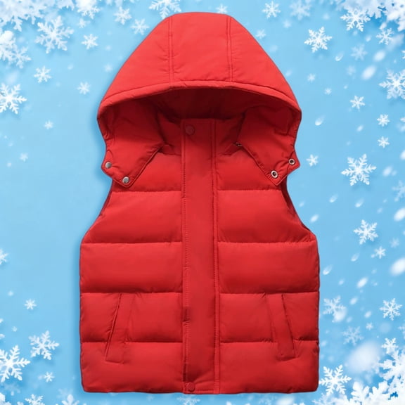 ZHOGXU Big Girls Boys Hooded Vest Jacket With Pocket Sleeveless Zipper Solid Color Warm Thickened Comfortable Coat For Fall Winter Daily Wear Red 3-4 Years