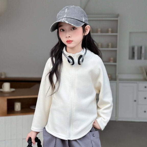 ZHOGXU Big Girls Boys Jacket Long Sleeve Zipper Solid Color Warm Soft Comfortable Coat For Fall Winter Daily Wear Beige 9-10 Years