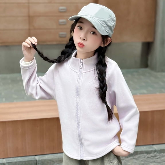 ZHOGXU Big Girls Boys Jacket Long Sleeve Zipper Solid Color Warm Soft Comfortable Coat For Fall Winter Daily Wear Purple 3-4 Years