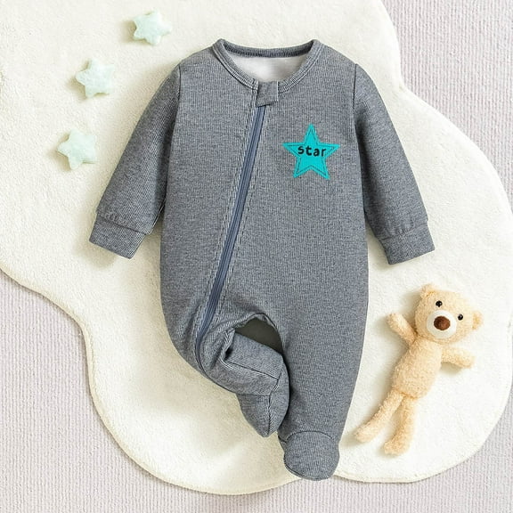 ZHOGXU Big Girls Boys Jumpsuit Long Sleeve Round Neck Cartoon Print Zipper Comfortable Breathable Romper Bodysuit For Casual Daily Wear Grey 1M