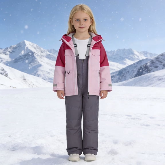 ZHOGXU Big Girls Boys Outfit Long Sleeve Zipper Hooded Plush Coats And Suspenders Pants Windproof Thickened Warm Snowsuit Sets For Outdoor Activities Red 5-6 Years