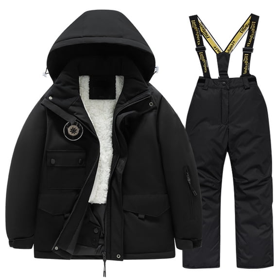 ZHOGXU Big Girls Boys Outfit Long Sleeve Zipper Plush Hooded Coats And Suspenders Pants Windproof Thickened Warm Snowsuit Sets For Outdoor Activities Black 14-16 Years