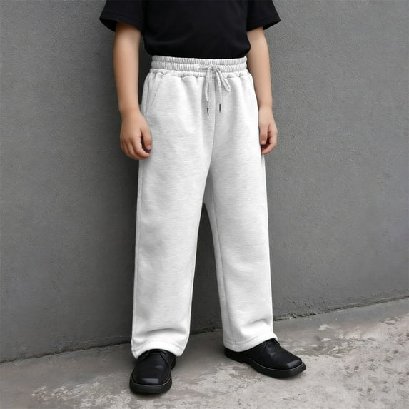 ZHOGXU Big Girls Boys Pants With Pocket Drawstring Elastic Waist Solid Color Straight Fit Fashion Comfortable Trousers For Daily Wear White 14-15 Years