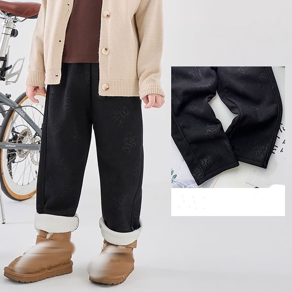 ZHOGXU Big Girls Boys Pants With Pocket Plush Elastic Waist Wide Leg Solid Color Thickened Comfortable Warm Soft Joggers Trousers For Casual Daily Wear Black 4-5 Years