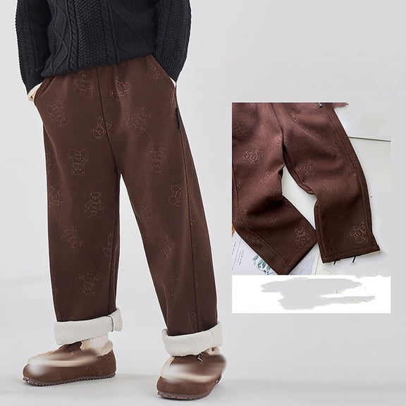 ZHOGXU Big Girls Boys Pants With Pocket Plush Elastic Waist Wide Leg Solid Color Thickened Comfortable Warm Soft Joggers Trousers For Casual Daily Wear Coffee 4-5 Years