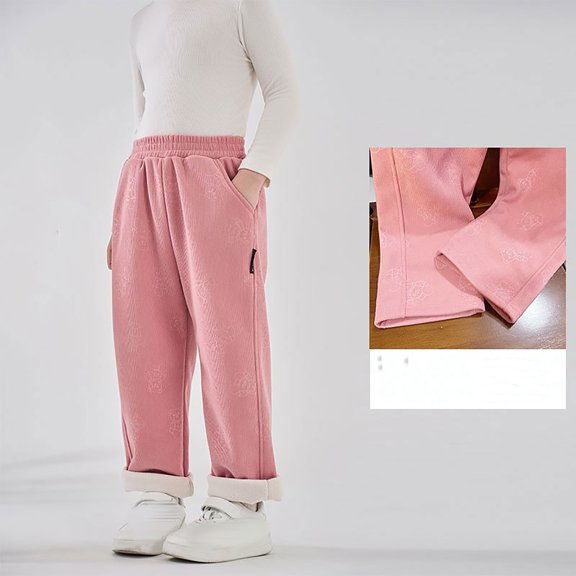 ZHOGXU Big Girls Boys Pants With Pocket Plush Elastic Waist Wide Leg Solid Color Thickened Comfortable Warm Soft Joggers Trousers For Casual Daily Wear Pink 4-5 Years