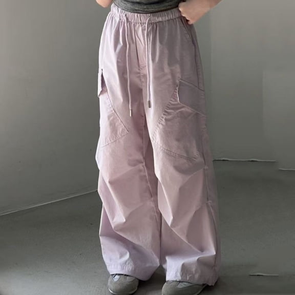 ZHOGXU Big Girls Cargo Pants With Pocket Casual Drawstring Elastic Waist Solid Color Wide Leg Loose Fit Comfortable Lightweight Trousers For Daily Wear Pink 5-6 Years