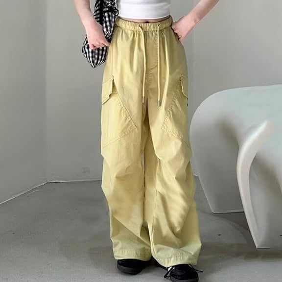 ZHOGXU Big Girls Cargo Pants With Pocket Casual Drawstring Elastic Waist Solid Color Wide Leg Loose Fit Comfortable Lightweight Trousers For Daily Wear Yellow 5-6 Years