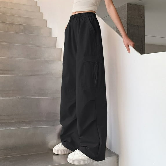 ZHOGXU Big Girls Cargo Pants With Pocket Casual Elastic Waist Solid Color Wide Leg Straight Fit Comfortable Lightweight Trousers For Daily Wear Black 4-5 Years