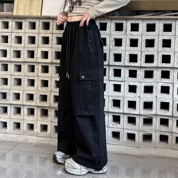 ZHOGXU Big Girls Cargo Pants With Pockets Elastic Waist Solid Color Wide Leg Loose Fit Comfortable Fashion Trousers For Casual Daily Wear Black 6-7 Years