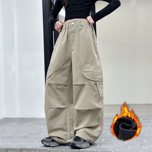 ZHOGXU Big Girls Cargo Pants With Pockets Elastic Waist Solid Color Wide Leg Plush Loose Fit Comfortable Fashion Trousers For Casual Daily Wear Khaki 3-4 Years