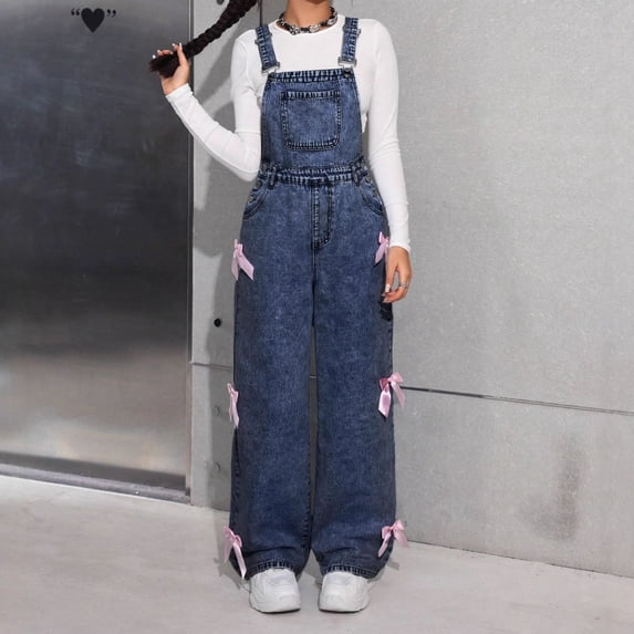 ZHOGXU Big Girls Denim Overalls With Pocket Suspenders Wide Leg Bow Design Casual Fashion Comfortable Jumpsuit For Daily Wear Dark Blue 10-11 Years
