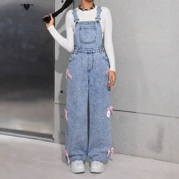 ZHOGXU Big Girls Denim Overalls With Pocket Suspenders Wide Leg Bow Design Casual Fashion Comfortable Jumpsuit For Daily Wear Sky Blue 12-13 Years