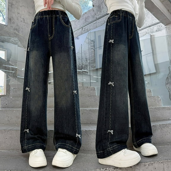 ZHOGXU Big Girls Denim Pants With Pocket Elastic Waist Wide Leg Straight Fit Bow Design Fashion Comfortable Trousers For Casual Daily Wear Blue 10-11 Years