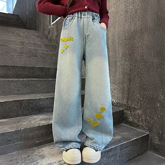 ZHOGXU Big Girls Denim Pants With Pocket Elastic Waist Wide Leg Straight Fit Cartoon Embroidery Fashion Comfortable Trousers For Casual Daily Wear Yellow 7-8 Years