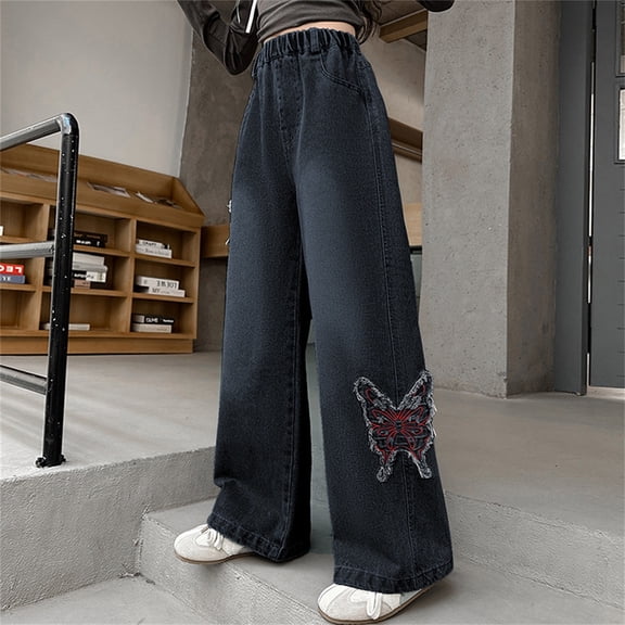 ZHOGXU Big Girls Denim Pants With Pocket High Waist Wide Leg Straight Butterfly Embroidery Fashion Comfortable Loose Fit Trousers For Casual Daily Wear Black 5-6 Years