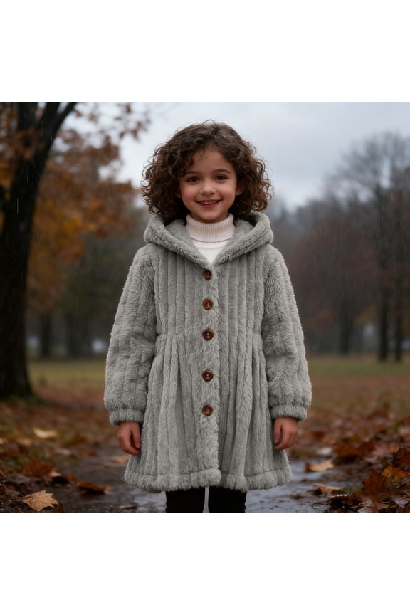 Big Girls Hooded Jacket Long Sleeve Buttons Solid Color Plush Warm Fashion Comfortable Coat For Fall Winter Daily Wear Grey 4-5 Years