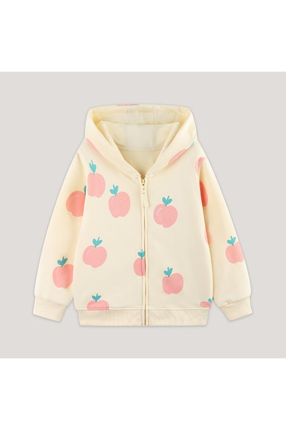 Big Girls Hooded Jacket Long Sleeve Zip Up Cartoon Print Soft Casual Fashion Coat Top For Daily Wear Light Yellow 5-6 Years