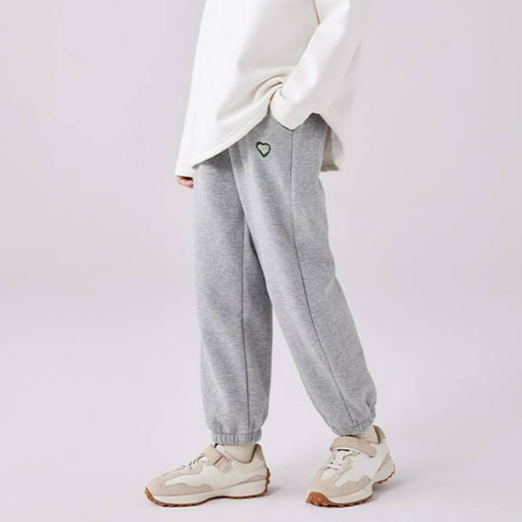 ZHOGXU Big Girls Jogger Pants With Pocket Elastic Waist Love Heart Embroidery Plush Loose Fit Comfortable Trousers For Fall Winter Daily Wear Grey 6-7 Years