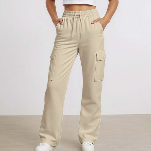 ZHOGXU Big Girls Jogger Pants With Pocket Drawstring Elastic Waist Solid Color Wide Leg Comfortable Soft For Casual Daily Wear Beige 13-14 Years