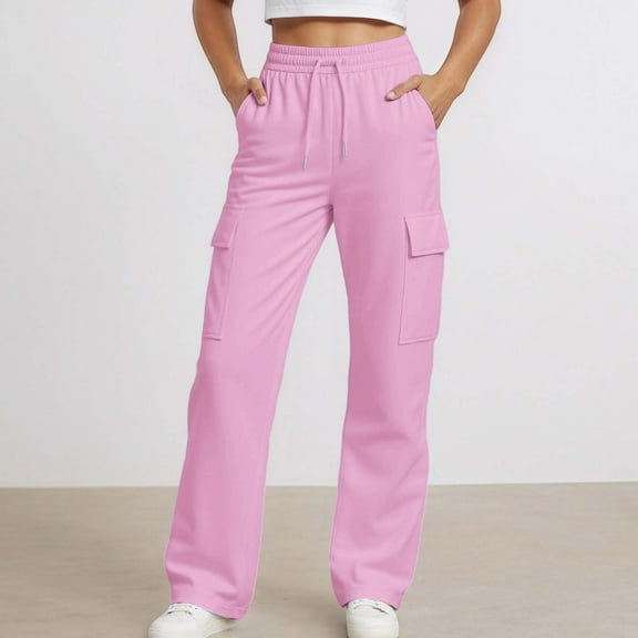 ZHOGXU Big Girls Jogger Pants With Pocket Drawstring Elastic Waist Solid Color Wide Leg Comfortable Soft For Casual Daily Wear Pink 4-5 Years