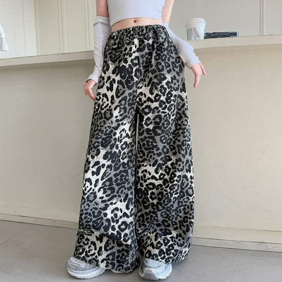 ZHOGXU Big Girls Pants Casual Elastic Waist Leopard Print Wide Leg Fashionable Comfortable Trousers For Daily Wear Black 5-6 Years