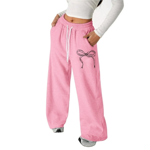 ZHOGXU Big Girls Pants With Pocket Bow Print Drawstring Elastic Waist Straight Fit Wide Leg Fashionable Soft Sweatpants Trousers For Casual Daily Wear Pink 12-13 Years