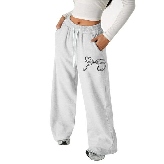 ZHOGXU Big Girls Pants With Pocket Bow Print Drawstring Elastic Waist Straight Fit Wide Leg Fashionable Soft Sweatpants Trousers For Casual Daily Wear White 8-9 Years