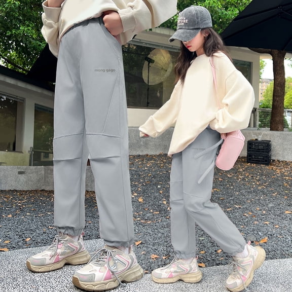 ZHOGXU Big Girls Pants With Pocket Casual Elastic Waist Solid Color Wide Leg Plush Windproof Comfortable Warm Trousers For Outdoor Activities Grey 4-5 Years