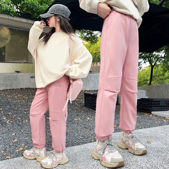 ZHOGXU Big Girls Pants With Pocket Casual Elastic Waist Solid Color Wide Leg Plush Windproof Comfortable Warm Trousers For Outdoor Activities Pink 4-5 Years