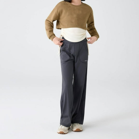 ZHOGXU Big Girls Pants With Pocket High Waist Wide Leg Straight Fit Fashion Comfortable Trousers For Daily Wear Grey 8-9 Years