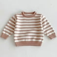 thumbnail image 1 of ZHOGXU Big Girls Sweater Long Sleeved Round Neck Striped Print Knit Soft Stretch Comfortable Top For Casual Daily Wear Coffee 3-4 Years, 1 of 7