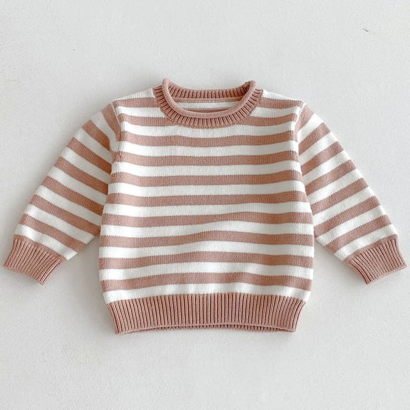 ZHOGXU Big Girls Sweater Long Sleeved Round Neck Striped Print Knit Soft Stretch Comfortable Top For Casual Daily Wear Coffee 4-5 Years