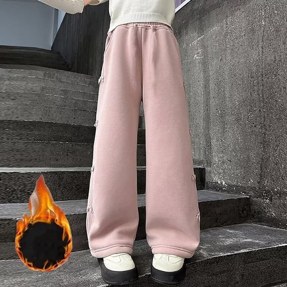 ZHOGXU Big Girls Sweatpants With Pocket Elastic Waist Solid Color Bow Design Wide Leg Plush Loose Fit Comfortable Trousers For Fall Winter Daily Wear Pink 6-7 Years