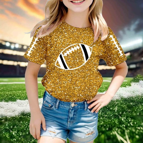 ZHOGXU Big Girls T Shirt Short Sleeve Round Neck Sequins Print Soft Comfortable Top For Casual Daily Wear Gold 8-9 Years