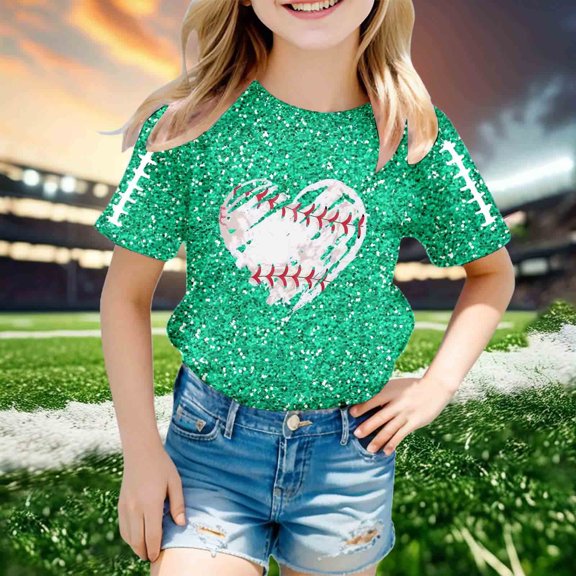 ZHOGXU Big Girls T Shirt Short Sleeve Round Neck Sequins Print Soft Comfortable Top For Casual Daily Wear Green 8-9 Years