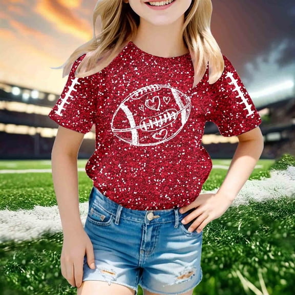 ZHOGXU Big Girls T Shirt Short Sleeve Round Neck Sequins Print Soft Comfortable Top For Casual Daily Wear Red 6-7 Years