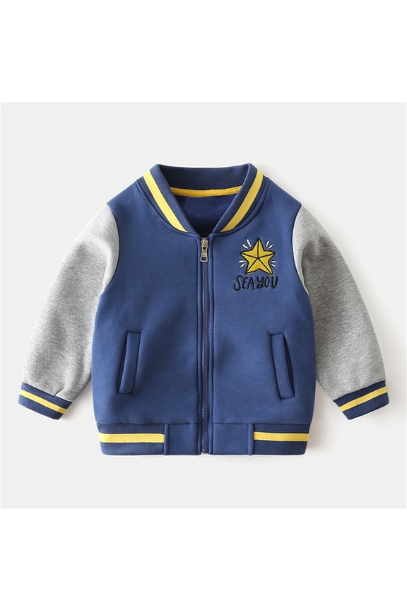 Big Kids Boys Baseball Jacket With Pocket Long Sleeve Zip Up Color Block Thickened Warm Soft Coat For Daily Wear Blue 12-24 Months