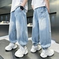 thumbnail image 1 of ZHOGXU Big Kids Boys Denim Pants Elastic Waist Straight Leg Comfortable Stretch Trousers With Pockets For Casual Daily Wear,Sky Blue,5-6 Years, 1 of 6