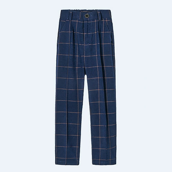 ZHOGXU Big Kids Boys Dress Pants Elastic Waist Plaid Print Flat Front Straight Fit Comfortable Elegant Trousers For Stage Performance Navy 3-4 Years