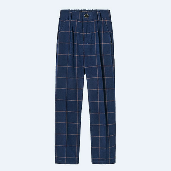 ZHOGXU Big Kids Boys Dress Pants Elastic Waist Plaid Print Flat Front Straight Fit Comfortable Elegant Trousers For Stage Performance Navy 4-5 Years