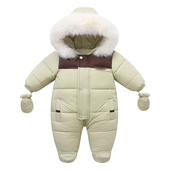 ZHOGXU Big Kids Boys Girls Romper With Hood Long Sleeve Color Block Zipper Thickened Comfortable Warm Jumpsuits For Fall Winter Daily Wear Khaki 9-12 Months