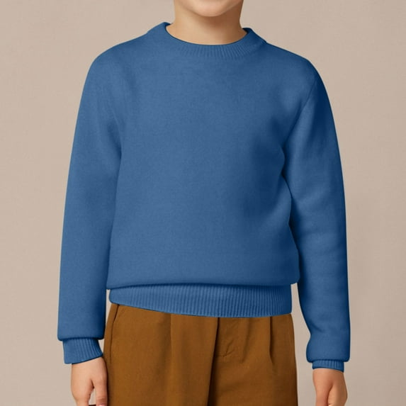 ZHOGXU Big Kids Boys Girls Sweater Casual Long Sleeve Round Neck Solid Color Soft Comfortable Warm Pullover Knitwear For Fall Winter Daily Wear Light Blue 8-10 Years