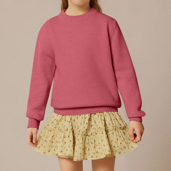 ZHOGXU Big Kids Boys Girls Sweater Casual Long Sleeve Round Neck Solid Color Soft Comfortable Warm Pullover Knitwear For Fall Winter Daily Wear Pink 8-10 Years