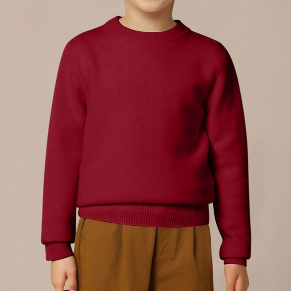 ZHOGXU Big Kids Boys Girls Sweater Casual Long Sleeve Round Neck Solid Color Soft Comfortable Warm Pullover Knitwear For Fall Winter Daily Wear Red1 2-3 Years