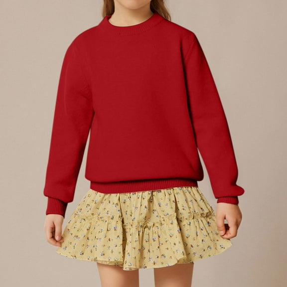 ZHOGXU Big Kids Boys Girls Sweater Casual Long Sleeve Round Neck Solid Color Soft Comfortable Warm Pullover Knitwear For Fall Winter Daily Wear Red2 4-5 Years