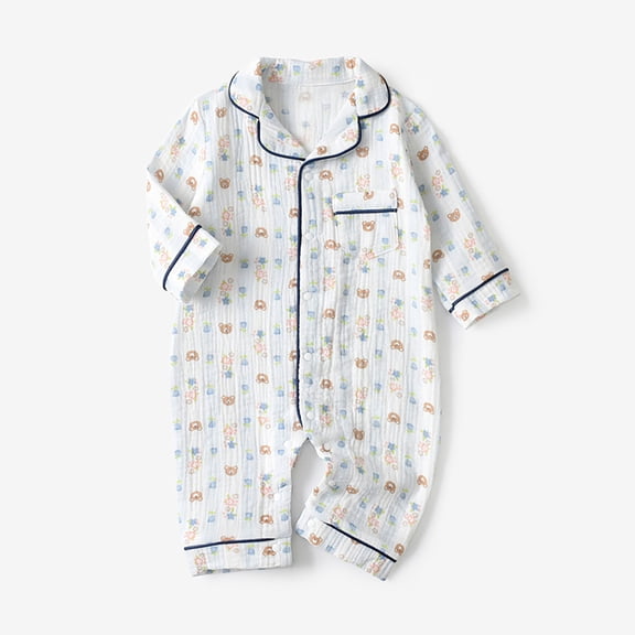 ZHOGXU Big Kids Boys Jumpsuit With Pocket Long Sleeve Lapel Cartoon Print Buttons Comfortable Breathable Romper Bodysuit For Casual Daily Wear Blue 12-18 Months