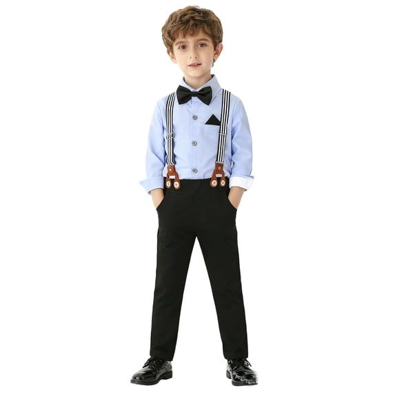 ZHOGXU Big Kids Boys Outfit Long Sleeve Bow Shirt And Suspenders Pants Comfortable Elegant Two Piece Sets For Formal Wear Blue 12-18 Months