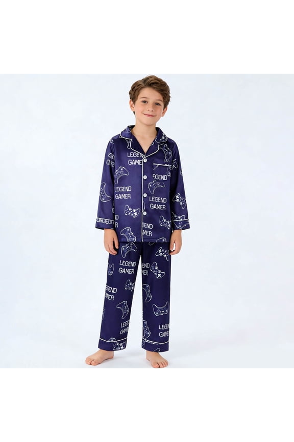 Big Kids Boys Pajama Sets Long Sleeve Lapel Cartoon Print Tops And Pants Soft Comfortable Sleepwear Outfits For Daily Wear Blue 13-14 Years