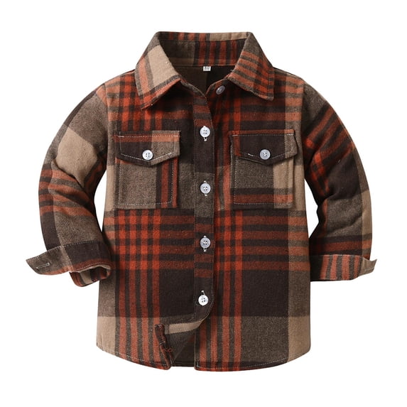 ZHOGXU Big Kids Boys Shirt With Pocket Long Sleeve Turndown Collar Button Plaid Print Soft Comfortable Top Tee For Casual Daily Wear Brown 7-8 Years